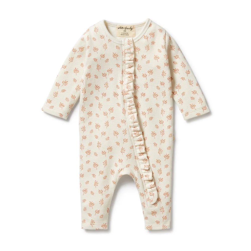 WILSON & FRENCHY Winter Bloom Organic Waffle Ruffle Zipsuit